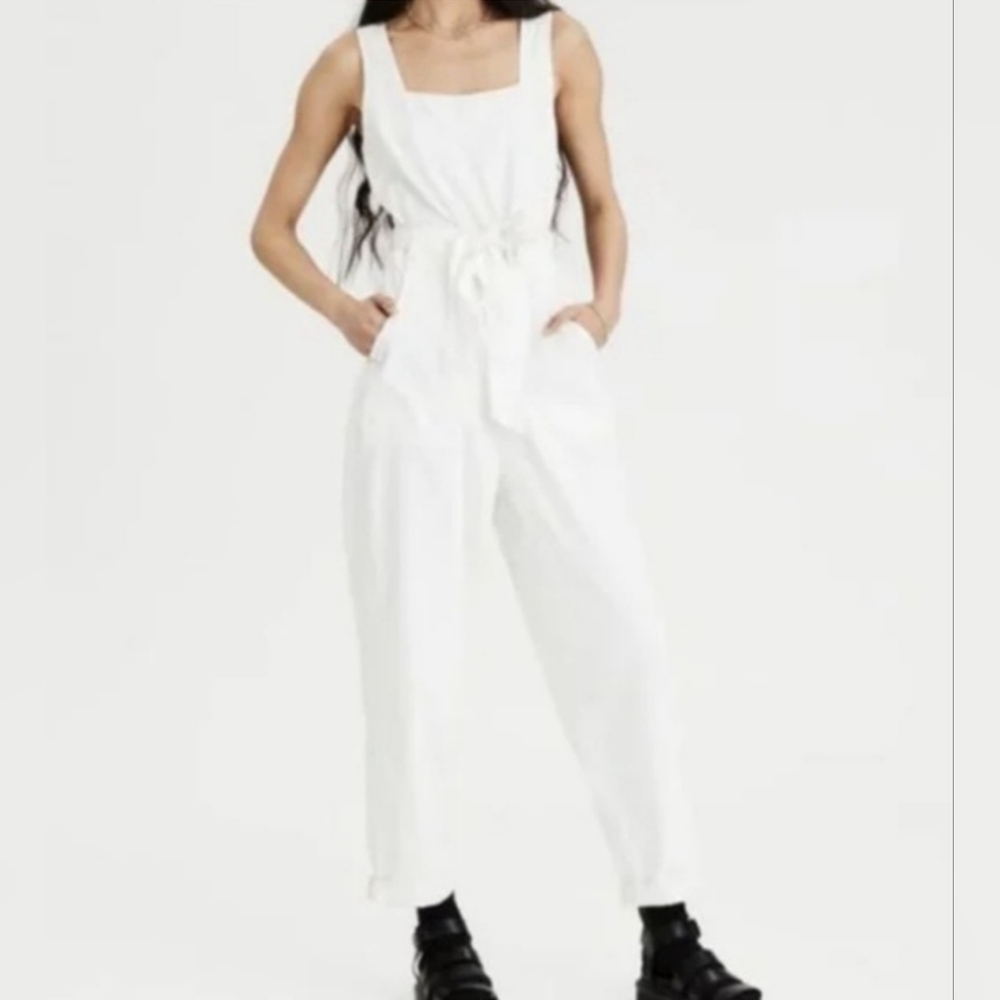 American Eagle Outfitters 100% Cotton Off White Front Tie Jumpsuit Size …